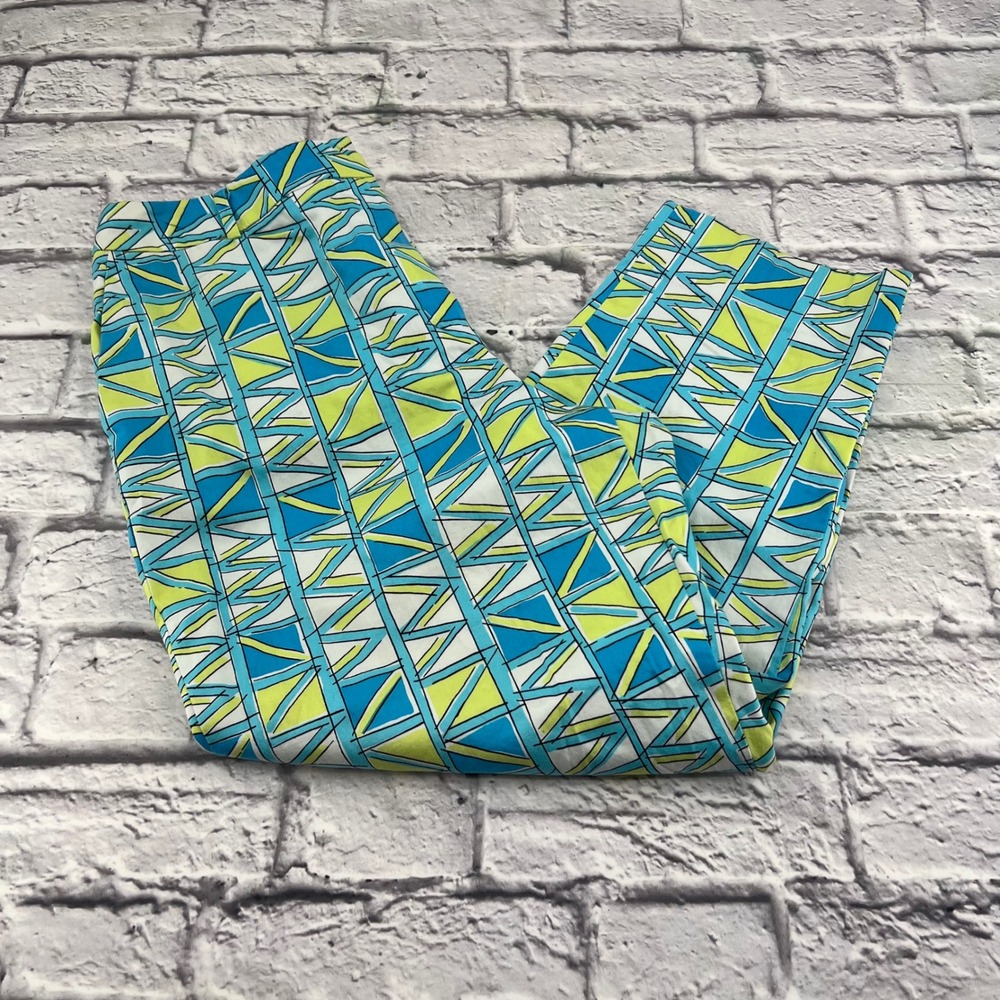 Talbots Petites 14P Blue Green Abstract Geometric Cropped Stretch Pants Vacation